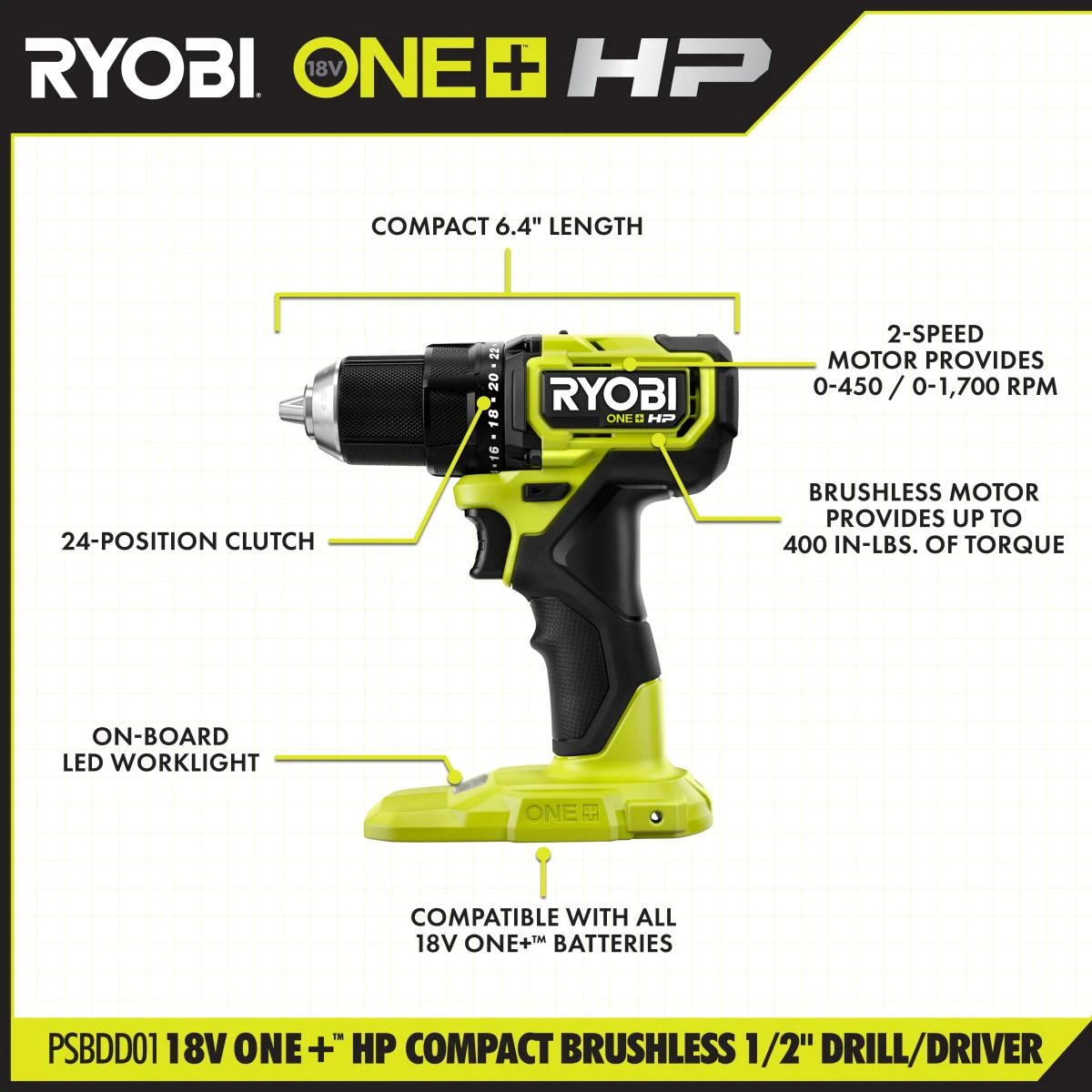 RYOBI 18V ONE+ HP Compact Brushless 1/2" Drill/Driver 2 RYOBI 18V ONE+ HP Compact Brushless 1/2" Drill/Driver - Image 2