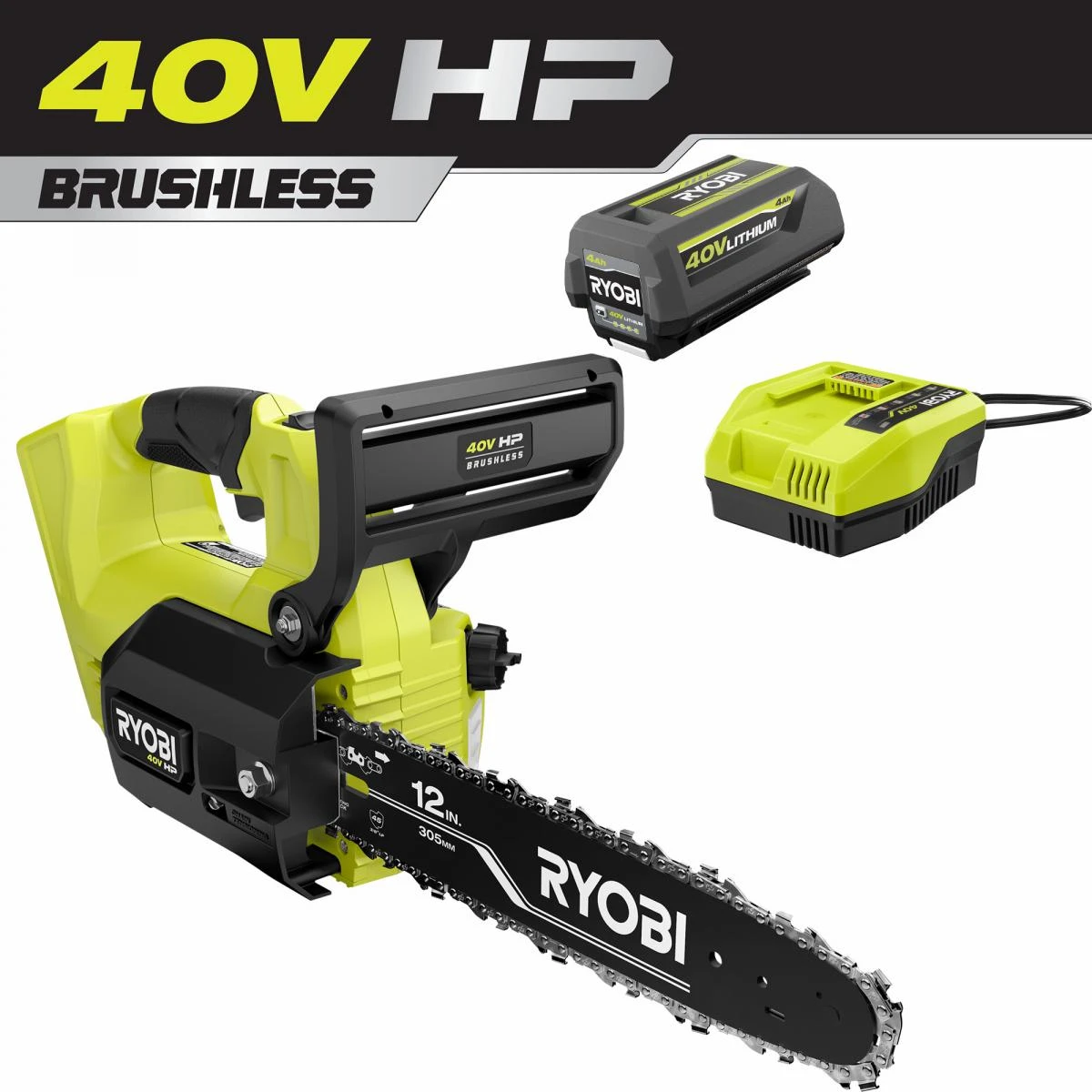 RYOBI 40V HP Brushless 12" Top Handle Chainsaw Kit 1 RYOBI 40V HP Brushless 12" Top Handle Chainsaw Kit